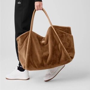 SOLD  ALO Yoga Faux Fur Tote Almond Brown Large Travel Weekender Bag Carry-All
